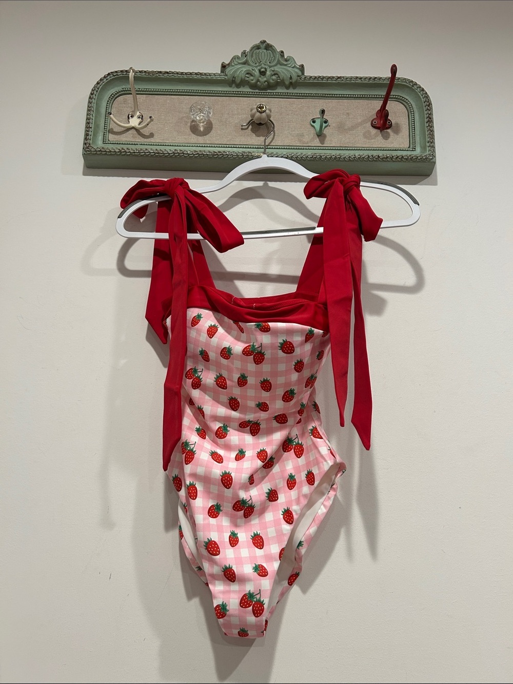 Dolls Kill Red Pink Strawberry Gingham One-Piece bow strap Swimsuit women’s xxs